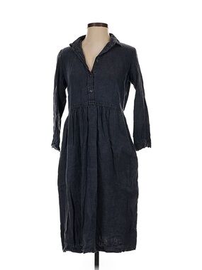 Relaxed Long Sleeve Navy Button-Front linen Midi Dress